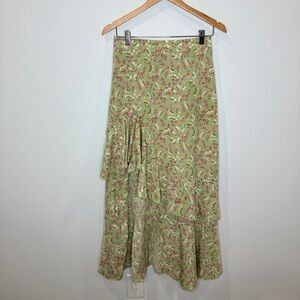 Green Maxi Side Slit Skirt with Pink Florals